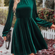 Womens-Mock-Neck-Velvet-Dress-Darkgreen-4