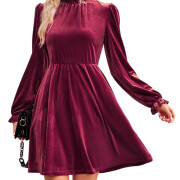 Womens-Mock-Neck-Velvet-Dress-Winered-1