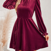 Womens-Mock-Neck-Velvet-Dress-Winered-3