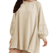 Womens-Long-Lantern-Sleeve-Sweatshirt-Mini-Dress-Apricot-1