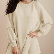 Womens-Long-Lantern-Sleeve-Sweatshirt-Mini-Dress-Apricot-3