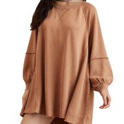 Womens-Long-Lantern-Sleeve-Sweatshirt-Mini-Dress-Brown-1