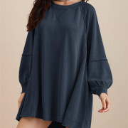 Womens-Long-Lantern-Sleeve-Sweatshirt-Mini-Dress-Navyblue-1