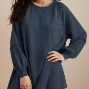 Womens-Long-Lantern-Sleeve-Sweatshirt-Mini-Dress-Navyblue-3