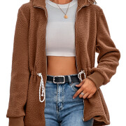 Womens-Fleece-Jacket-Casual-Full-Zip-Stand-Collar-Utility-Drawstring-Waist-Fuzzy-Sherpa-Coat-Brown-1