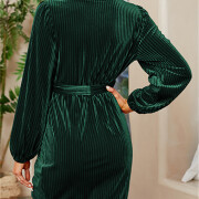 Womens-Wrap-V-Neck-Velvet-Dress-Green-2