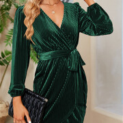 Womens-Wrap-V-Neck-Velvet-Dress-Green-4