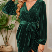 Womens-Wrap-V-Neck-Velvet-Dress-Green-6