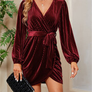 Womens-Wrap-V-Neck-Velvet-Dress-Winered-6