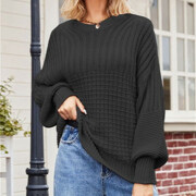 Womens-Crew-Neck-Cable-Knit-Sweater-Black-5