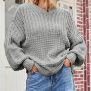 Womens-Crew-Neck-Cable-Knit-Sweater-Grey-4