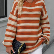 Womens-Oversized-Long-Sleeve-Striped-Sweater-Orange-5