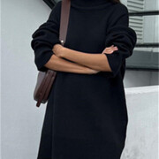 Womens-Turtleneck-Oversized-Knit-Dress-Black-5