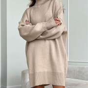 Womens-Turtleneck-Oversized-Knit-Dress-Khaki-4