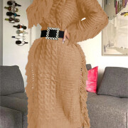 Womens-Crewneck-Cable-Knit-Sweater-Long-Dress-Khaki-2