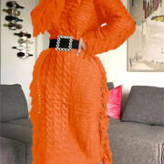 Womens-Crewneck-Cable-Knit-Sweater-Long-Dress-Orange-2