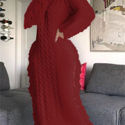 Womens-Crewneck-Cable-Knit-Sweater-Long-Dress-Winered-3