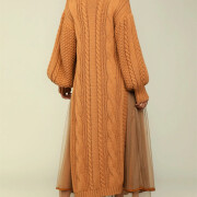 Womens-2-Piece-Outfits-Mock-Neck-Long-Sleeve-Cable-Knit-Maxi-Sweater-Dress-and-Mesh-Long-Skirts-Sets-Brown-2