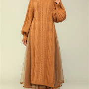 Womens-2-Piece-Outfits-Mock-Neck-Long-Sleeve-Cable-Knit-Maxi-Sweater-Dress-and-Mesh-Long-Skirts-Sets-Brown-3