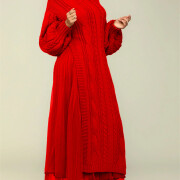 Womens-2-Piece-Outfits-Mock-Neck-Long-Sleeve-Cable-Knit-Maxi-Sweater-Dress-and-Mesh-Long-Skirts-Sets-Red-3