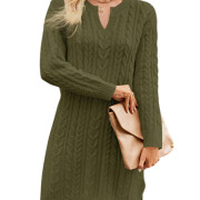 Womens-Cable-Knit-Midi-Sweater-Dress-Armygreen-1