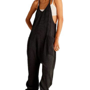 Womens-Sleeveless-Jumpsuit-V-Neck-Waffle-Knit-Overalls-Black-1