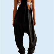 Womens-Sleeveless-Jumpsuit-V-Neck-Waffle-Knit-Overalls-Black-2