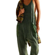 Womens-Sleeveless-Jumpsuit-V-Neck-Waffle-Knit-Overalls-Green-1