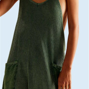 Womens-Sleeveless-Jumpsuit-V-Neck-Waffle-Knit-Overalls-Green-3