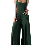 Womens-Square-Neck-Jumpsuit-Sleeveless-Long-Wide-Leg-Pant-Romper-Darkgreen-1