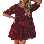 Womens-Sequin-Dress-Short-Sleeve-Crewneck-Sparkly-Ruffle-Mini-Dress-Winered-1