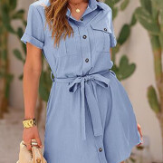 Womens-Summer-V-Neck-Shirt-Dress-Lightblue-3