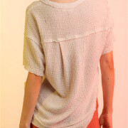 Womens-Summer-V-Neck-Waffle-Knit-Tops-Apricot-2