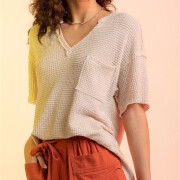 Womens-Summer-V-Neck-Waffle-Knit-Tops-Apricot-3