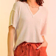 Womens-Summer-V-Neck-Waffle-Knit-Tops-Apricot-4