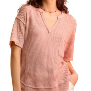 Womens-Summer-V-Neck-Waffle-Knit-Tops-Pink-1