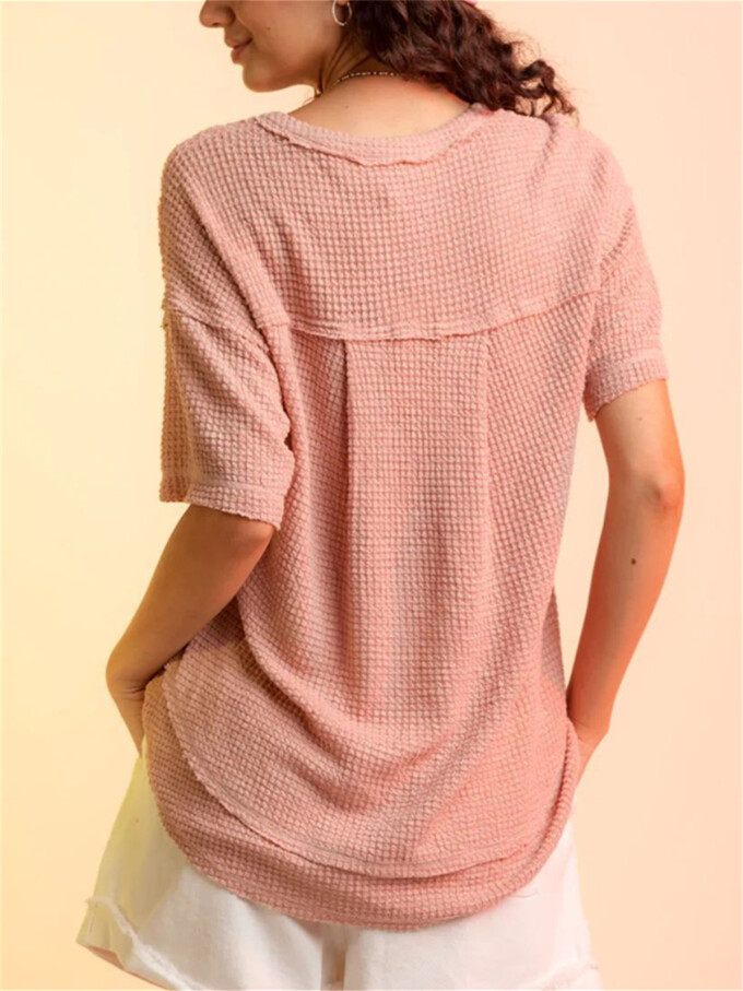 Womens-Summer-V-Neck-Waffle-Knit-Tops-Pink-2.jpg