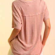 Womens-Summer-V-Neck-Waffle-Knit-Tops-Pink-2