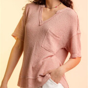 Womens-Summer-V-Neck-Waffle-Knit-Tops-Pink-3