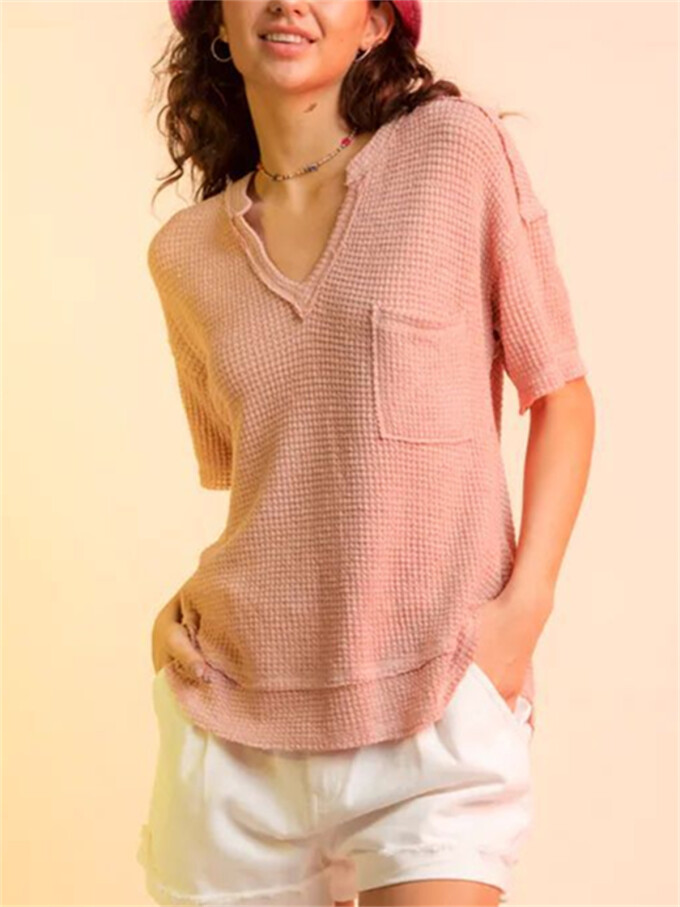 Womens-Summer-V-Neck-Waffle-Knit-Tops-Pink-4.jpg