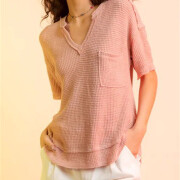 Womens-Summer-V-Neck-Waffle-Knit-Tops-Pink-4