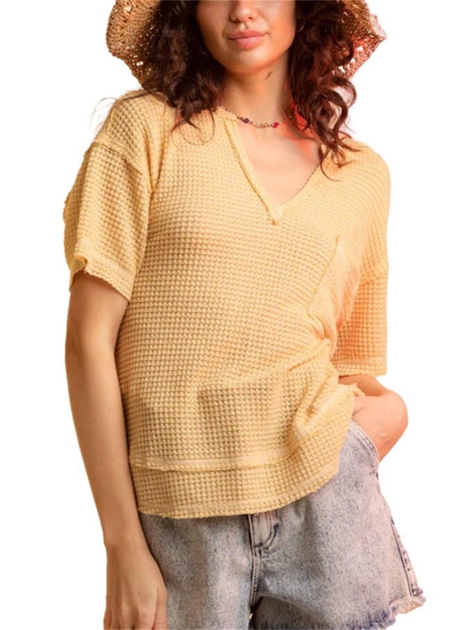 Womens-Summer-V-Neck-Waffle-Knit-Tops-Yellow-1.jpg