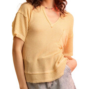 Womens-Summer-V-Neck-Waffle-Knit-Tops-Yellow-1