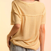 Womens-Summer-V-Neck-Waffle-Knit-Tops-Yellow-2