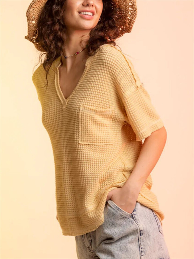 Womens-Summer-V-Neck-Waffle-Knit-Tops-Yellow-3.jpg