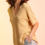 Womens-Summer-V-Neck-Waffle-Knit-Tops-Yellow-3