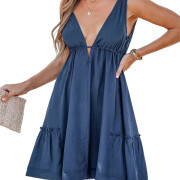 Womens-Summer-Cute-Deep-V-Neck-Mini-Dress-Blue-1