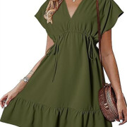 Womens-Summer-Dress-V-Neck-Short-Sleeve-Mini-Babydoll-Dress-Armygreen-1