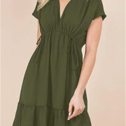 Womens-Summer-Dress-V-Neck-Short-Sleeve-Mini-Babydoll-Dress-Armygreen-3