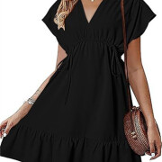 Womens-Summer-Dress-V-Neck-Short-Sleeve-Mini-Babydoll-Dress-Black-1